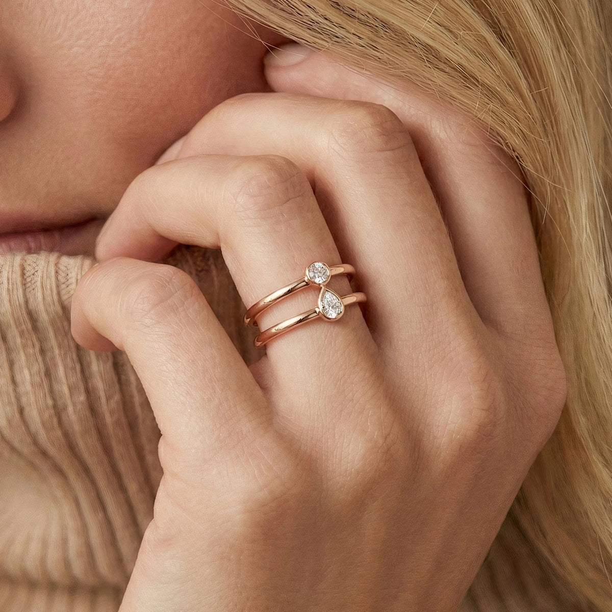 18k Rose Gold Teardrop Double Band Natural Diamond Ring - Malikka LondonRingsMalikka