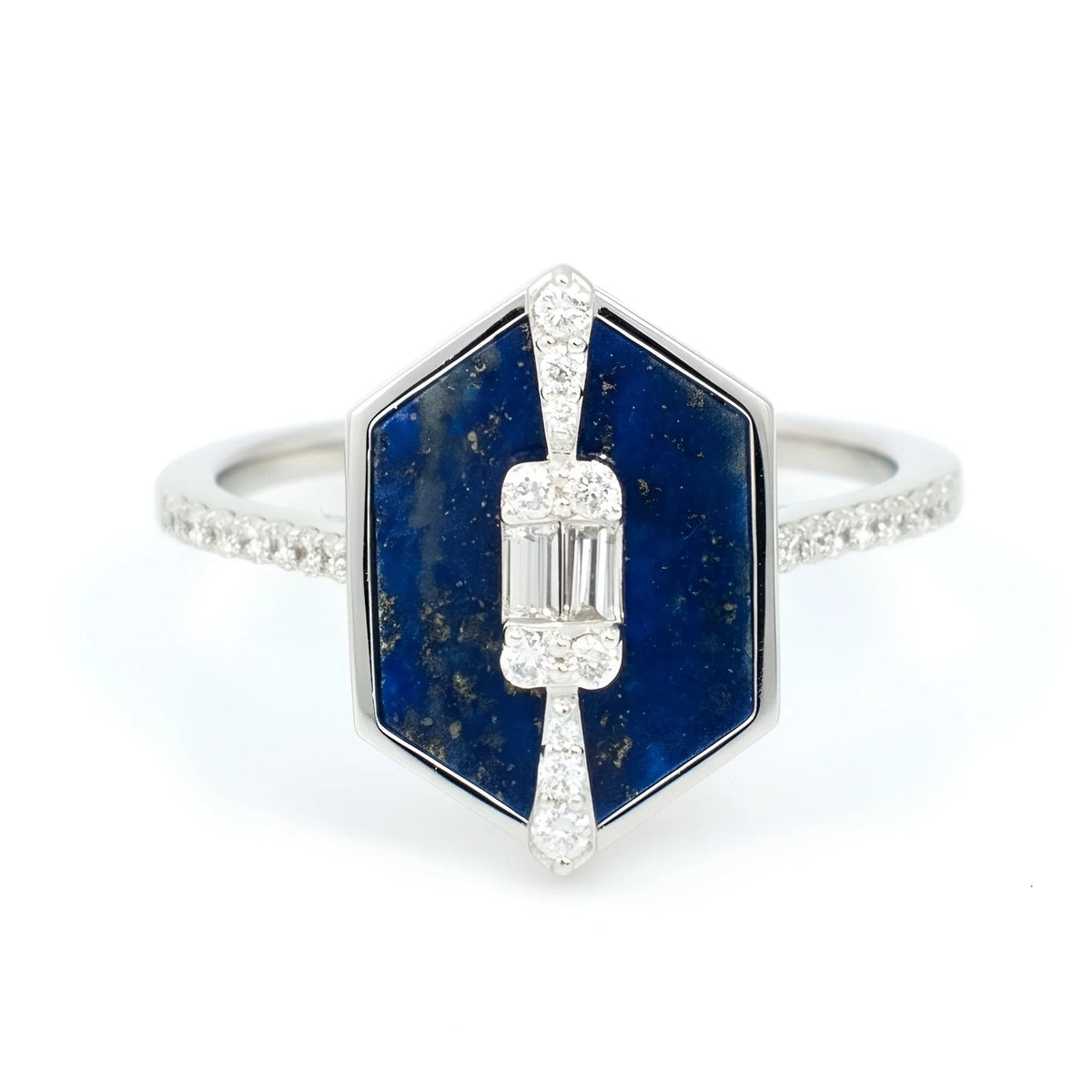 18k White Gold Lapis Lazuli & Natural Diamond Hexagon Ring - Malikka LondonRingsMalikka