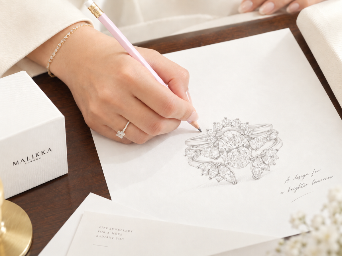 A close-up lifestyle shot of a hand drawing a detailed sketch of a diamond ring on white paper, using a pink pencil. A white box with the brand name 'MALIKKA LONDON' is visible on the left, set on a dark wooden desk.